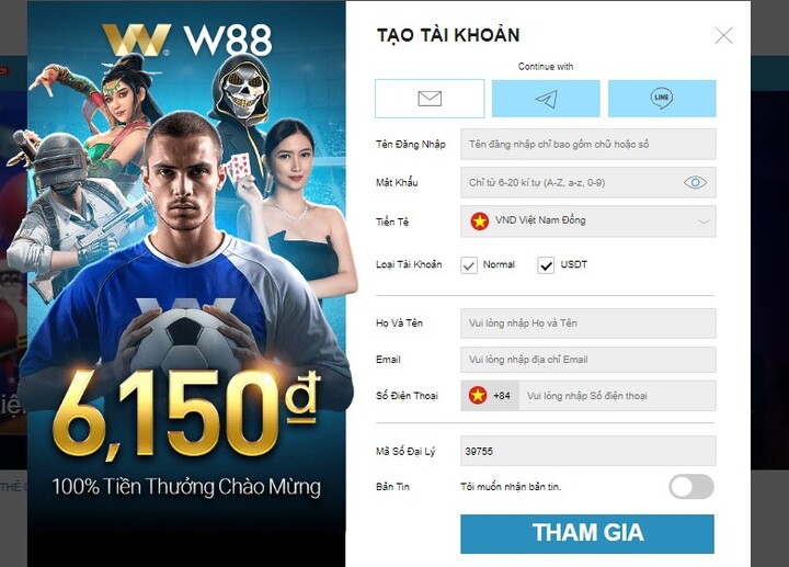 Hướng dẫn tạo tài khoản mới tại W88